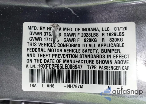 2020 Honda Civic Sport from USA, damaged, VIN 19XFC2F85LE006947